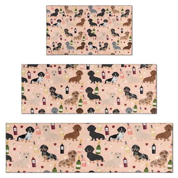 Black Cute Dachshund Dog and Wine Kitchen Rugs Sets Of 3,Kitchen Runner Rugs Non Skid Washable,Decorative Kitchen Floor Mats for Kitchen,Sink,Laundry,17"x30" 17"x47" 17"x59"