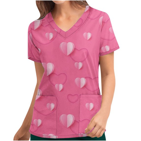 Pimelu Valentines Shirts for Women Womens Tops Womens Scrubs Valentines Day Fashion Pink Heart Print Scrub Tops Uniform Shirts V Neck Short Sleeve Pocket Ladies Nurse's Shirt