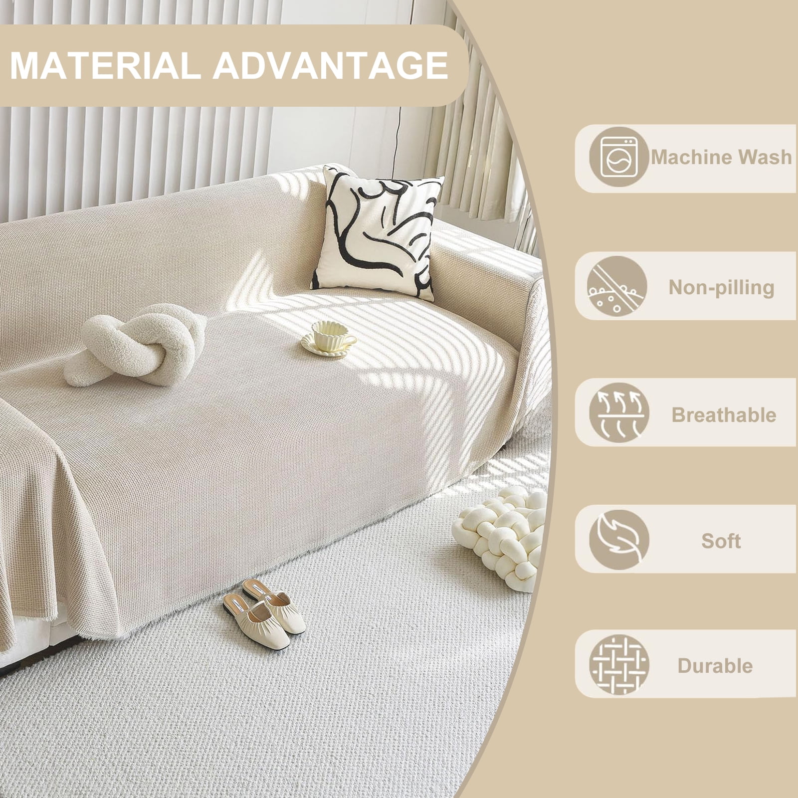 SANMADROLA Sofa Cover Beige Washable Couch Covers for 3 Cushion Couch Sofa Super Soft Sofa Slipcover Non Slip Sofa Cover, Chenille Sofa Covers for Dogs, Furniture Protector, 71"x150"