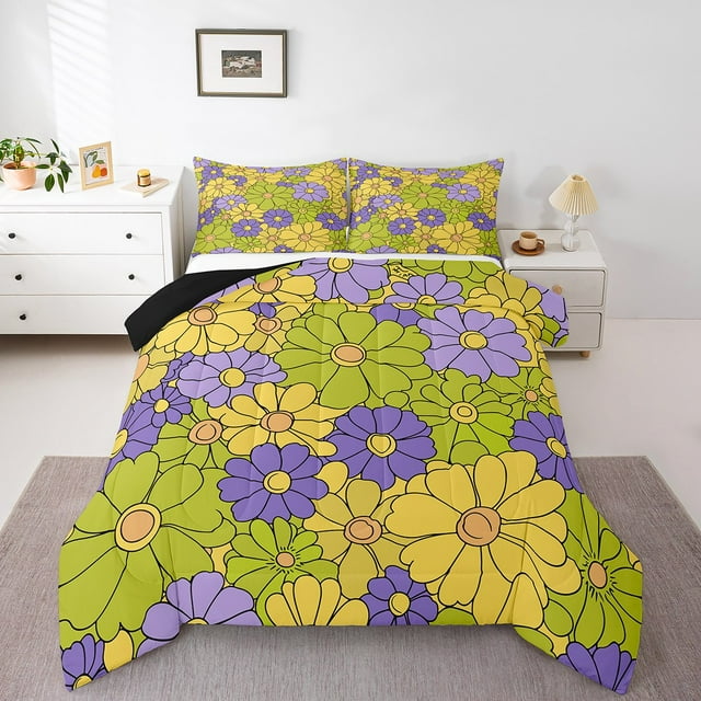 Erosebridal Ensembles de Couette Groovy à Fleurs Format Simple pour Filles, Couettes et Duvets Floraux Violet Vert Jaune, Réversible 2 Pcs