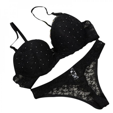 

Sexy Women Lace Drill Bra Set Push Up Underwear Set Bra And Thong Set Black 80B/36