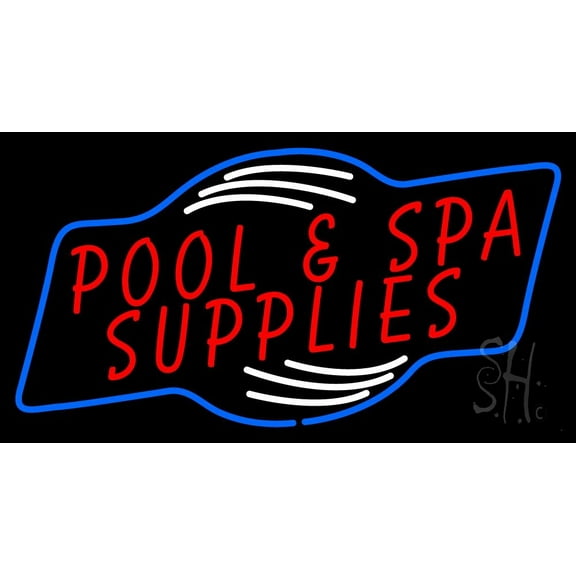 Red Pool And Spa Supplies LED Neon Sign 13 x 24 - inches, Black Square Cut Acrylic Backing, with Dimmer - Bright and Premium built indoor LED Neon Sign for Spa interior decor and storefront.