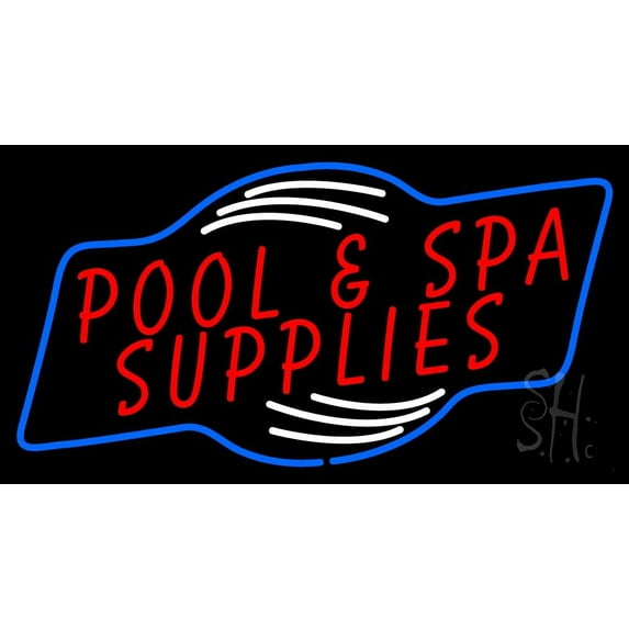 Red Pool And Spa Supplies LED Neon Sign 20 x 37 - inches, Black Square Cut Acrylic Backing, with Dimmer - Bright and Premium built indoor LED Neon Sign for Spa interior decor and storefront.