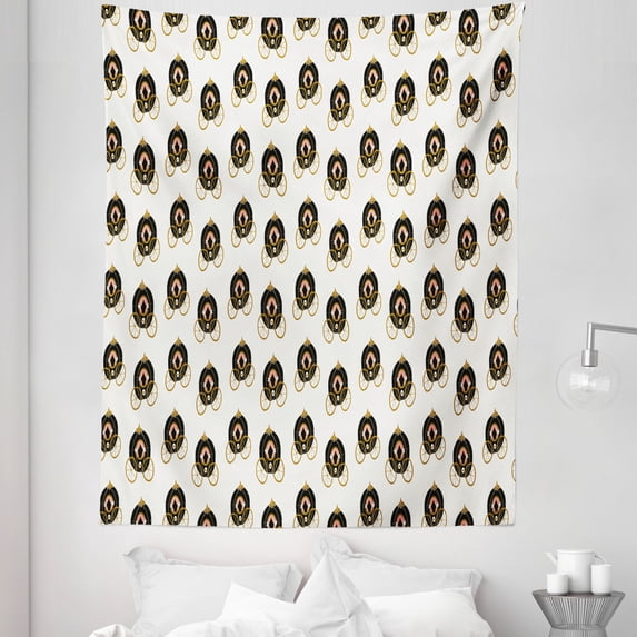 Empress Tapestry, Cartoon Tale Chariot Carriage Repeated Motifs Royal Vehicle Print, Fabric Wall Hanging Decor for Bedroom Living Room Dorm, 5 Sizes, Ivory Black and Coral, by Ambesonne