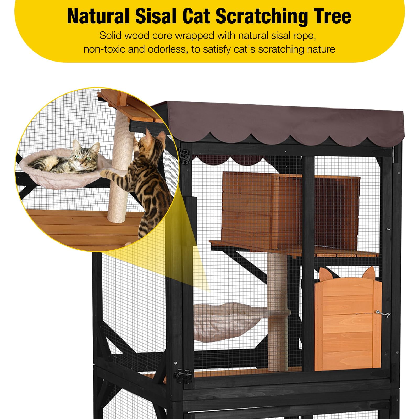 Aivituvin Catio Outdoor Cat Enclosure with Wheels, Resting Box, Cat Scratching Post, Jumping Platform, Outdoor Cat House for Cats, Brown