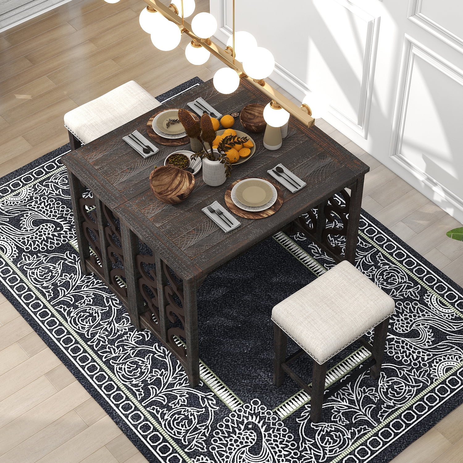 Kadyn 3-Piece Retro Dining Set, Foldable Table and 2 Saddle Stools Set, Solid Wood Counter Height Pub Set for Kitchen, Espresso Kadyn 3-Piece Retro Dining Set, Foldable Table and 2 Saddle Stools Set, Solid Wood Counter Height Pub Set for Kitchen, Espresso