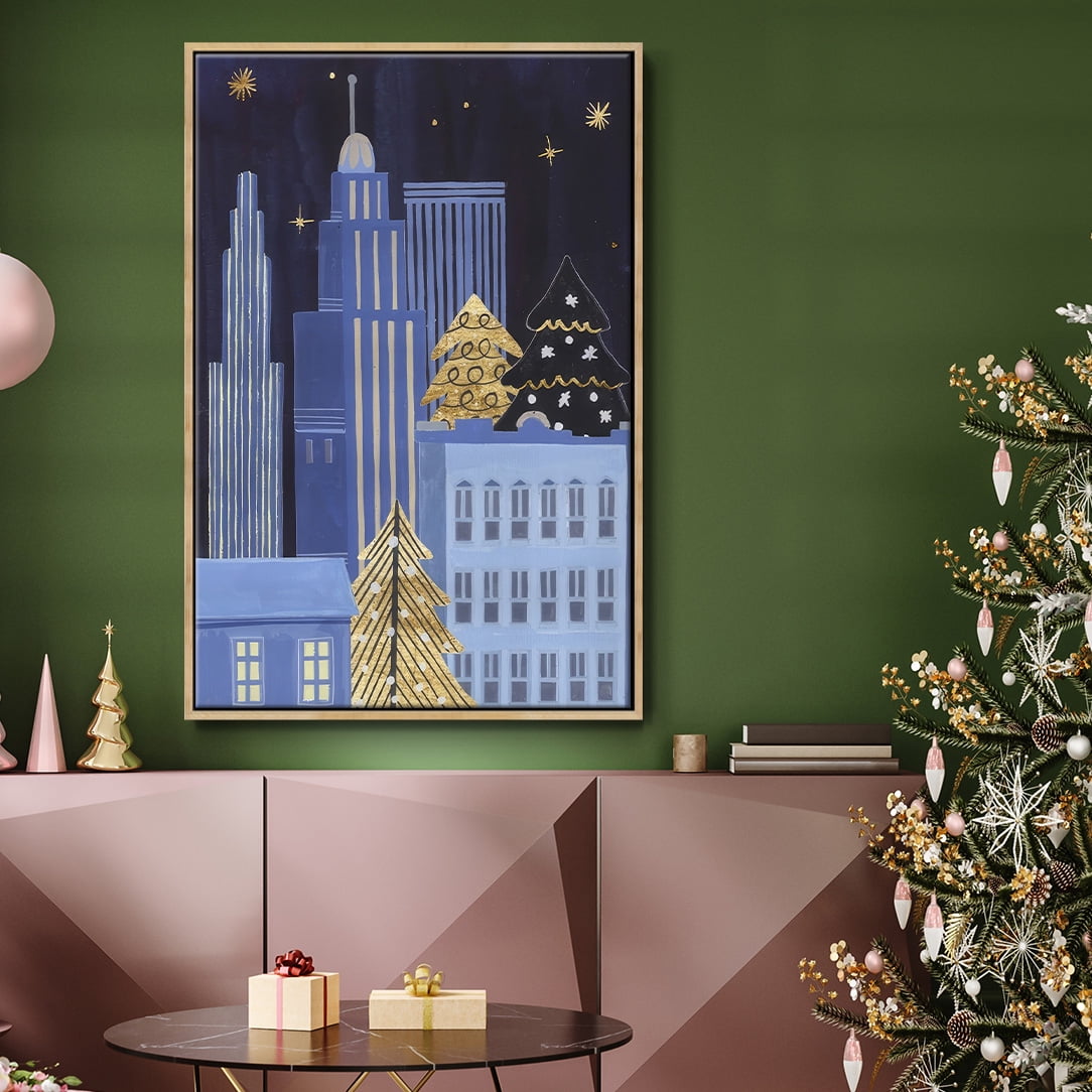 Holiday Night Collection B - Framed Gallery Wrapped Holiday Canvas - 17 x 25 - Natural Wood Frame
