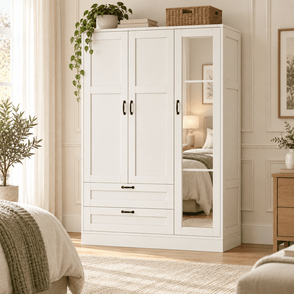 Armoire Wardrobe Closet with Mirror, Wardrobe with Drawers & Adjustable Shelf, Full Length Mirror Freestanding Storage Cabinet with Hanging Rod for Bedroom