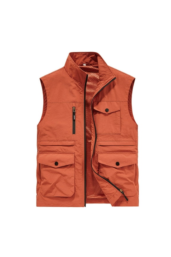 Workwear Vest for Men Casual Comfy Stand Collar Waistcoat Outdoor Hiking Workout Vest Sleeveless Full Zip Jacket Vest with Multi Pockets Red XXXXL