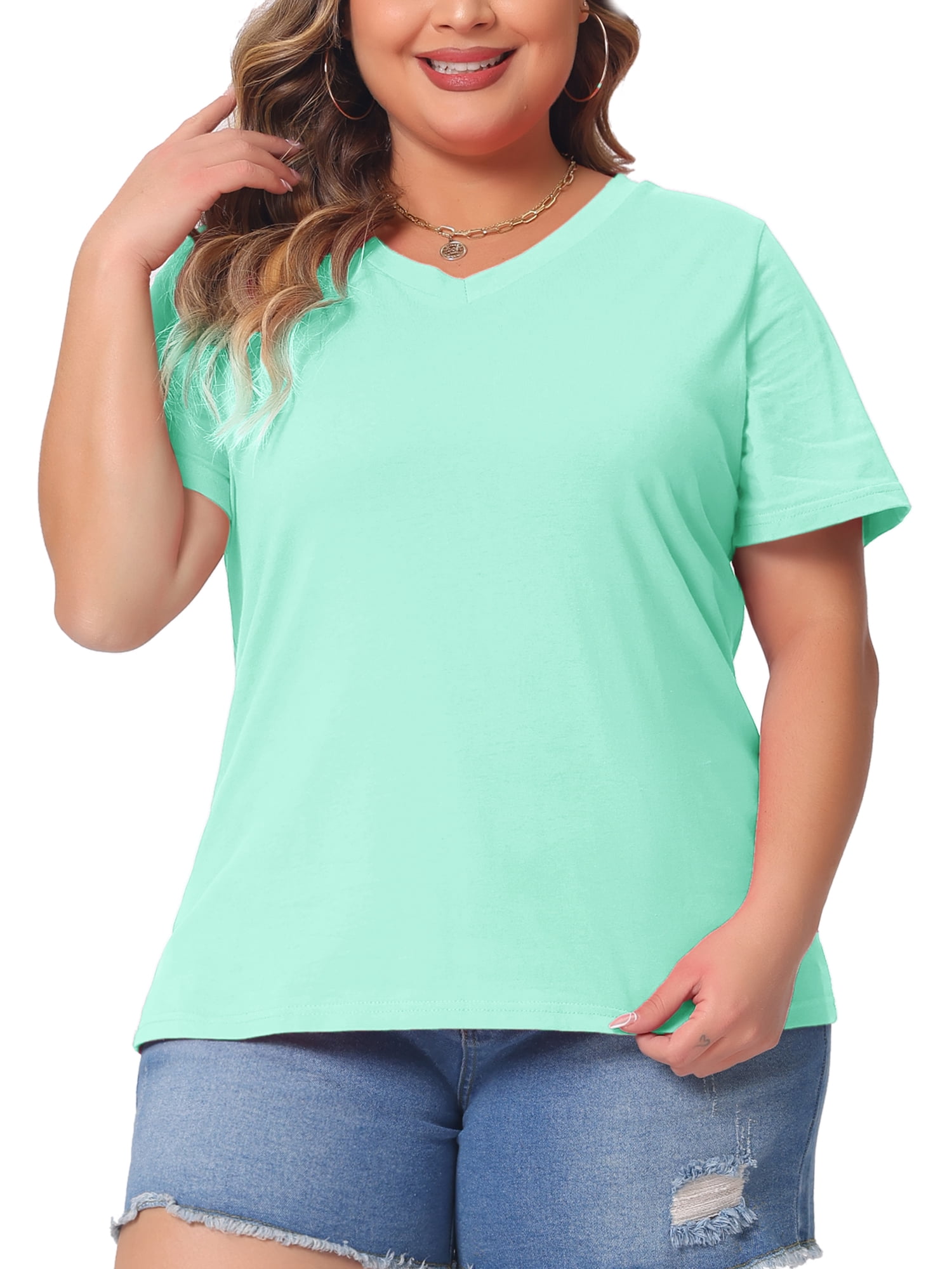 DARING DIVA Women's Plus Basic V Neck Short Sleeve Casual Tops T Shirts 1X Mint Blue