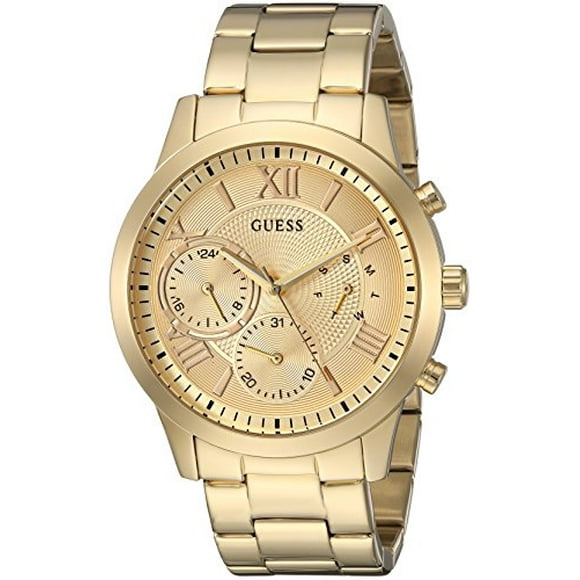 GUESS Classic Gold-Tone Stainless Steel Bracelet Watch with Day, Date + 24 Hour Military/Int'l Time. Color: Gold-Tone (Model: U1070L2)