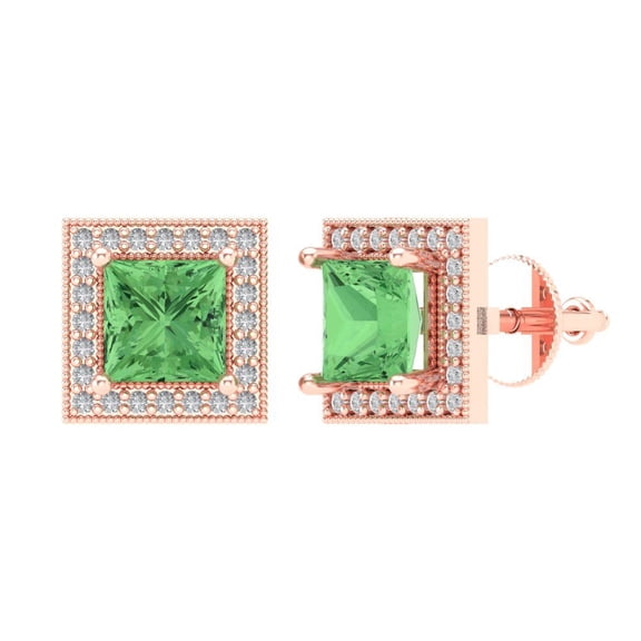 2.24 ct Screw-Back Stud Earrings for Women | 5.5mm Princess Cut Simulated Green Diamond | 18K Rose Gold