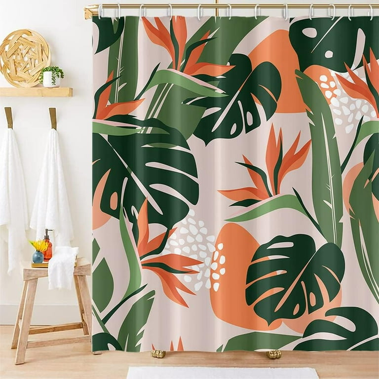 JOOCAR Nature Tropical Leaves Shower Curtains Summer Green Palm Leaves  Bright Boho Mid Century Shower Curtains Bathroom Decor Waterproof Polyester  Fabric Sets with 12 Hooks, 72x72 Inch 