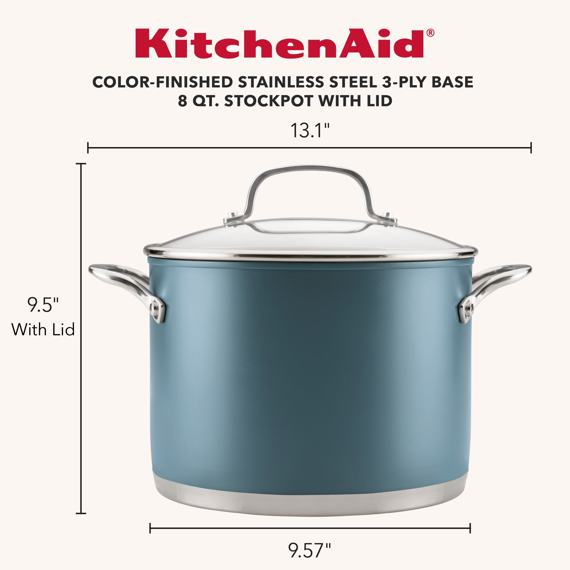 KitchenAid 8qt Color-Finished Stainless Steel 3-Ply Base Stockpot with Lid Dishwasher and Metal Utensil Safe, Induction Suitable and Oven Safe to 500°F, Agave