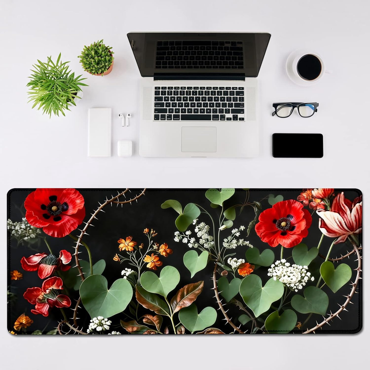 Heart Green Leaf Flower Large Mouse and Keyboard Pad, 31.5"x11.8" Full Desk Mat, Non-Slip Base, Smooth Cloth Surface, for Gaming, Office Work, Computer, PC, Laptop and Home Desktop