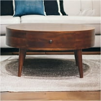 JERFIT Modern Round Coffee Table with Drawers, Solid Mango Wood, Mid-Century Chestnut Brown Finish for Living Room