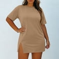 thumbnail image 6 of Dress Dqueduo Women's Solid Color Loose Short Sleeve Plus Size Round Neck Dress Khaki XXXL, 6 of 8