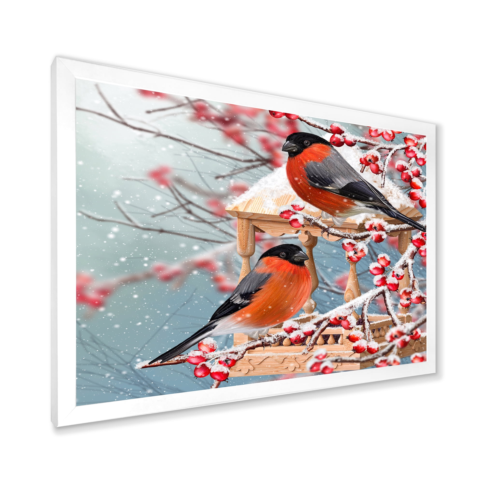 Designart 'Two Tits Sit On A Snow-Covered Berries Branch ' Traditional Framed Art Print