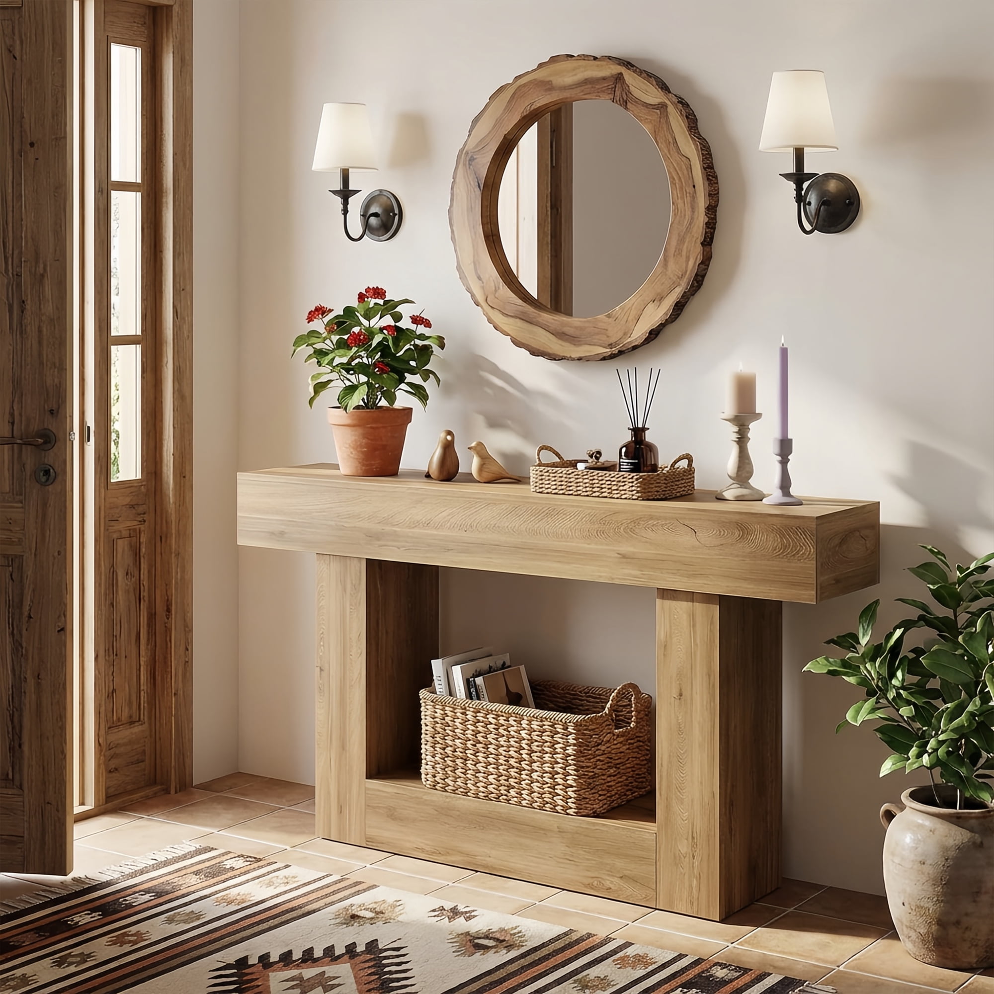 63" Farmhouse 2-Tier Console Table, U-Shaped Base Entryway Table, Narrow Wood Sofa Table Behind Couch for Living Room & Hallway (Light Brown)