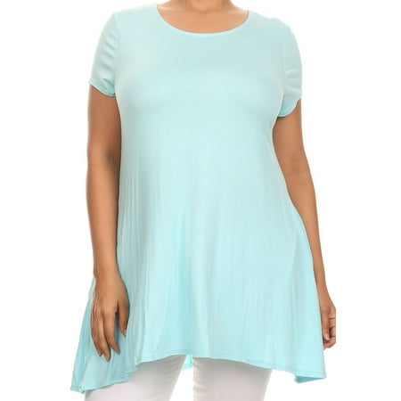 - Women Plus Size Short Sleeve Solid Pocket Asymmetric Tunic Knit Top Tee Shirt Sky Blue XL B0216 SD