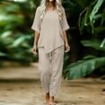 thumbnail image 2 of PRINxy Women All Match Linen Texture Two Piece Outfit Summer Crew Neck Short Sleeve Top Loose Wide Leg Pants Ladies Outdoor Leisure Daily Wear Suit Beige XXXL, 2 of 7