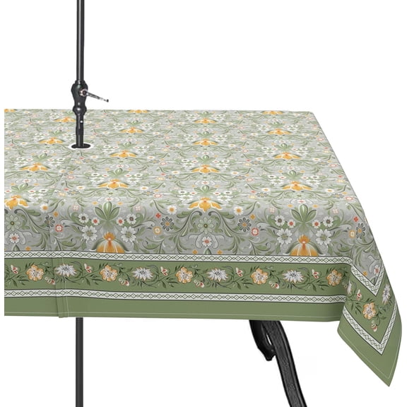 Green Print Outdoor Tablecloth with Umbrella Hole 60" x 84" Waterproof Zipper Table Cloth for Patio Table - Ideal Tablecloths for Picnics, Camping, and Yard Use
