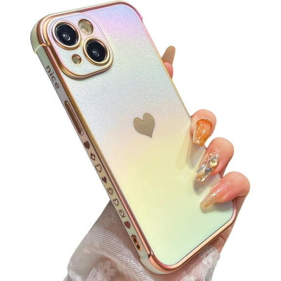 ZUKKASHAN Compatible with iPhone 15 Plus (6.7") Case for Girls Women, Luxury Fluorescent Matte Silicone Case with Cute Love Heart Pattern Plated Rim Shockproof Cover