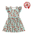 thumbnail image 2 of OBEEII Back to School Dress for Girls Toddle Kids Flutter Sleeve Casual Outfits Pencil Apple Print School Dress Clothes with Bow Headband 4-5 Years Green, 2 of 10