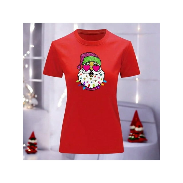 Playera Blusa Con Estampado De Santa Arbolito De Navidad Ropa Para Mujer Color Rojo Talla Grande Marca Emil SaEs