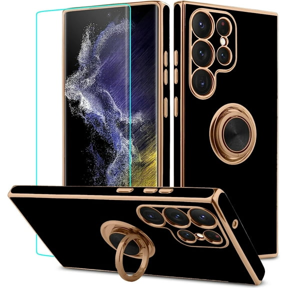 For Samsung Galaxy S23 Ultra Case with Ring Stand & Screen Protector Elegant Plating Edge Slim Shockproof Soft TPU Protective Case for Samsung Galaxy S23 Ultra 6.8" 2023, Black