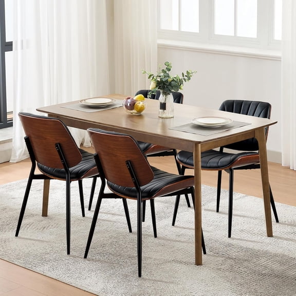 Dining Chairs Set of 4, Mid-Century Modern Upholstered Retro PU Leather Kitchen Chairs with Walnut Bentwood Back and Metal Legs Adjustable Feet for Kitchen Dining Room, Black Shell Strips