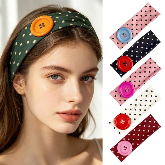 SmartBy Summer Elastic Headband, Pure Color Dot Print Headband with Button Decor, Versatile Hair Accessories for Daily Party Outing Hair Decoration