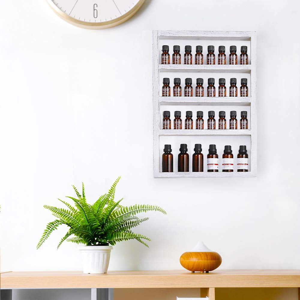 Oumilen Essential Oil Storage, Wall Mounted Wooden Display Shelf Rack for Essential Oils & Nail Polish, Rustic Gray White