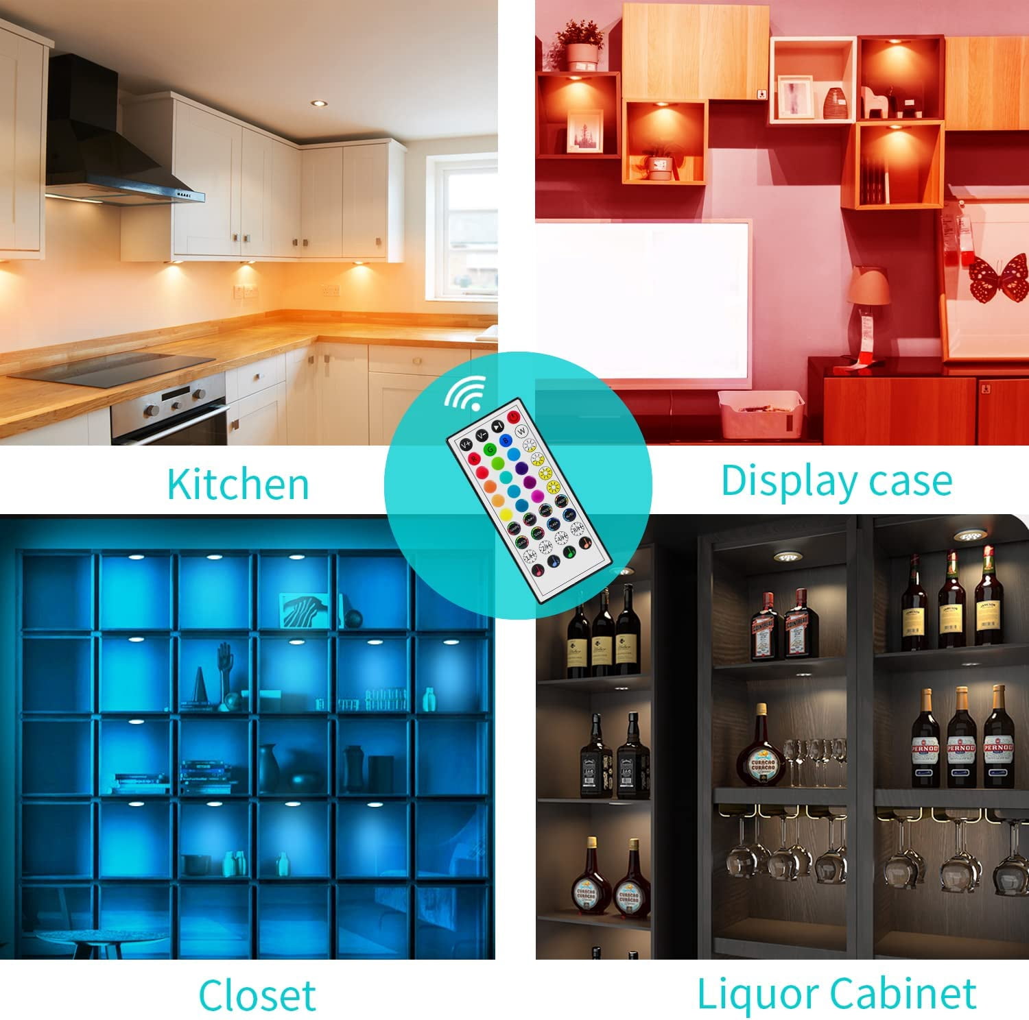 LED Low Voltage Puck Lights,Under Cabinet Plug-in Lighting Kit,RGB Color Changing (4 x Pack)