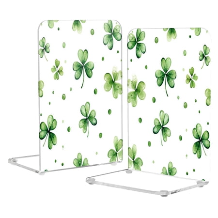 Acrylic Bookends 2 Pairs Decorative Book Stoppers for Home Office Desk Organizer Shamrock Leaves