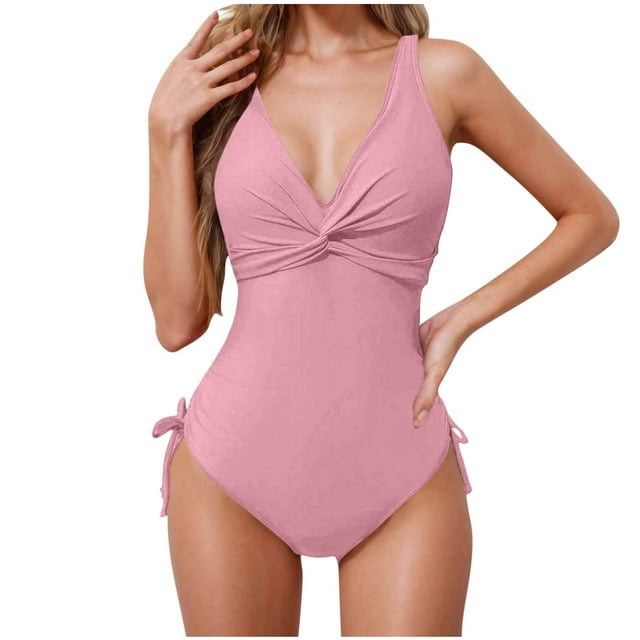 Bocqde One Piece Bathing Suits for Women Plus Size Summer Solid Push Up Ruched Tummy Control Monokini Swimsuits Fashion Sexy Backless Tie Side V Neck Strap Swimwear