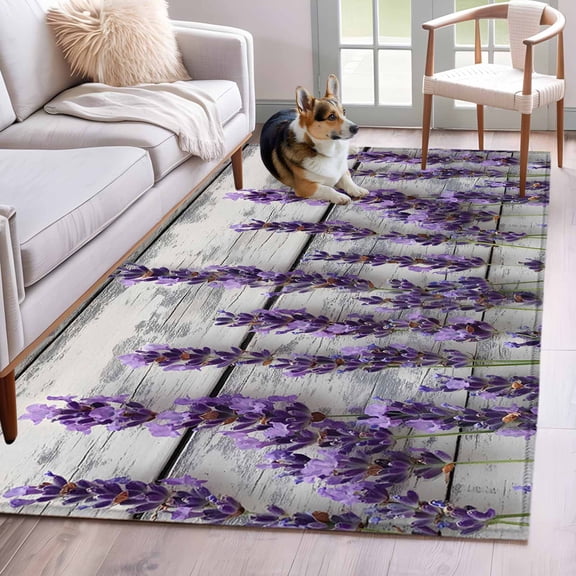 Spring Purple Floral Area Rug 3x5 Washable Rug Non Slip Botanical Lavender Flower Wood Grain Large Area Rug Indoor Floor Carpet for Entryway Bedroom Kitchen Living Room Home Office Dining Room