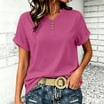 thumbnail image 2 of oqasdz Womens T Shirts Solid Color V Neck Button Detail Top Stylish Casual Blouse Short Sleeve Crewneck Soft Everyday Wear T-Shirts,Red2,XL, 2 of 4