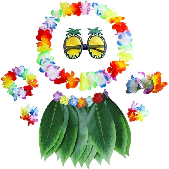 HUGFEGWE Costumes Hula Leaf Skirt With Flower Leis, 7Pcs/Set Hawaiian Grass Skirt With Pineapple Sunglasses, Hair Clip, Necklace, Hairband And Wristband, Luau Outfits CJB91-95851
