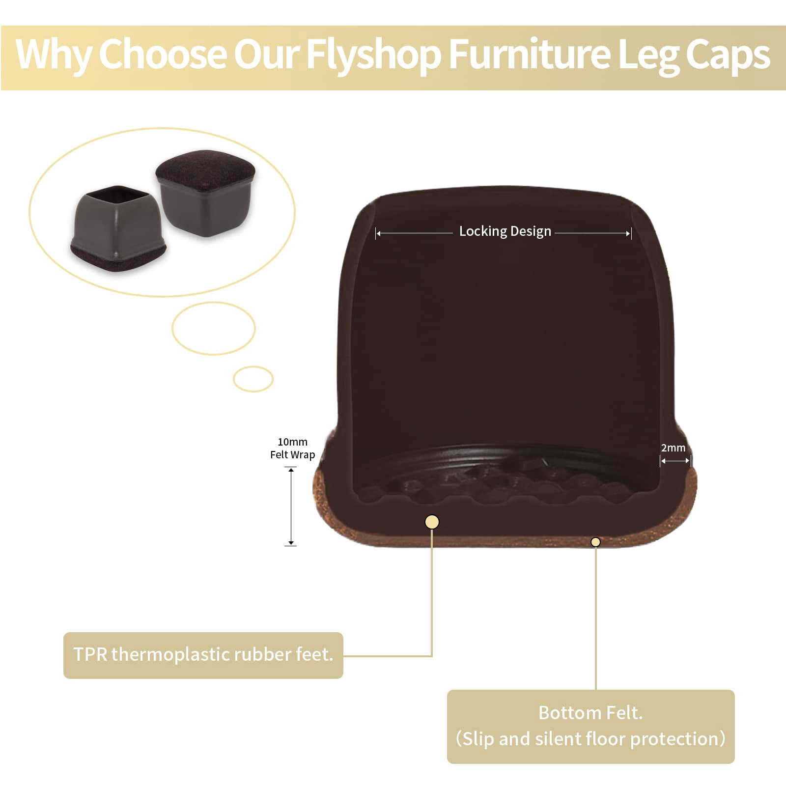 Flyshop 8PCS Square Chair Leg Caps with Felt Pads Durable Floor Protectors for Hardwood Floor Prevent Scratches Reduce Noise Foot Cap, Dark Brown Protective Caps, 19 to 25 mm