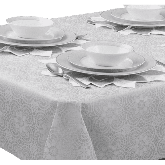 Clearly Elegant Decorative Tablecloth Waterproof Non-Woven Fabric 54"W x 108"L Rectangle, Flower White/Silver, Disposable yet Reusable