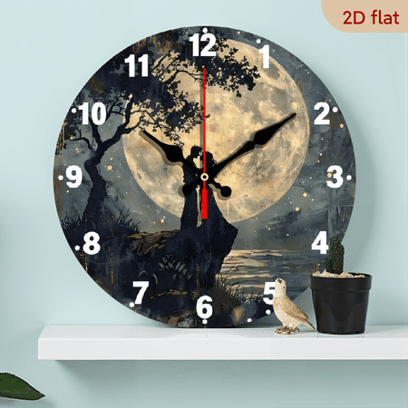 10-inch 2D flat Hugging by the Moon Lake theme, wooden circular silent wall clock, suitable for modern home art decoration, wall decoration, it is an ideal gift for festivals and birthdays