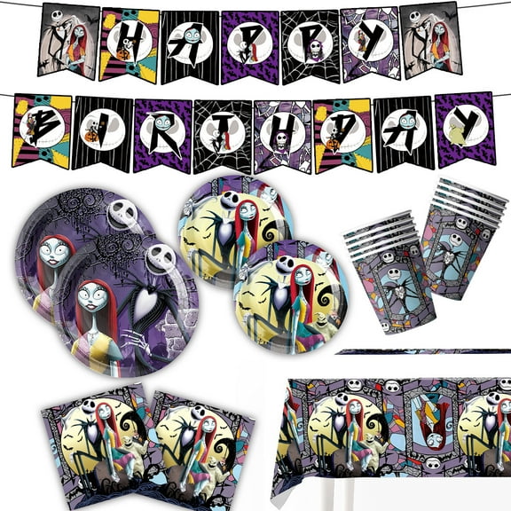Jack and Sally Cartoon Animation Birthday Party Supplies Decorations for Birthday, Ghost Cartoon Theme Party Favors Including Banner, Plates, Cups, Napkins, Cutlery and Tablecloth
