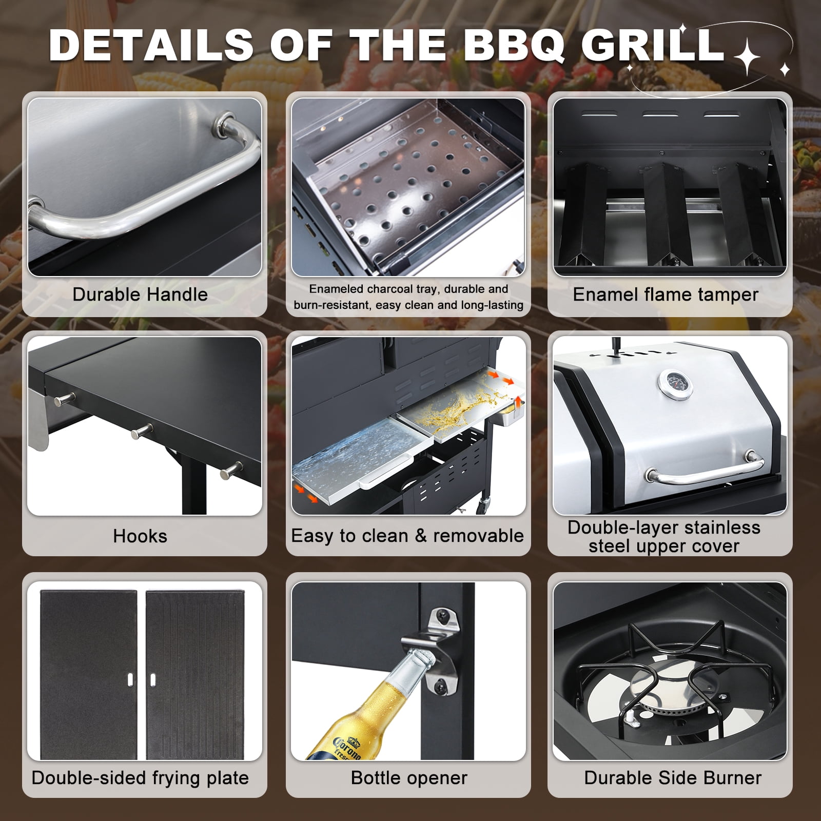 Nice Cooker Gas and Charcoal Combo Grill with Side Burner, 37,230 BTU Outdoor BBQ Grill with Porcelain-Enameled Cast Iron Grates and Plate, Thermometer, Storage Cabinet Rack for Outdoor Patio, Garden
