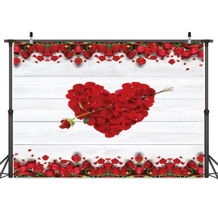 Image of 7X5ft Red Rose Photo Backdrop Heart-shaped Petal Vintage Grey Wood Board Background Photography Wedding Party Baby Shower Wall Decoration Back drop Wall for Studio Props