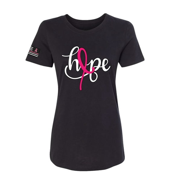Wild Bobby Hope Breast Cancer Ribbon USA Flag Sleeve Breast Cancer Awareness Women Slim Fit Junior Tee, Black, Small