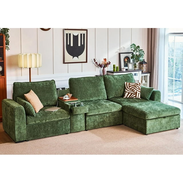 BEDEEP Canapé Sectionnel Modulaire de 138,6 Po avec Console et Station de Recharge, Canapé Nuage en Chenille en Forme de L avec Pouf de Rangement, Canapé Profond Convertible 4 Places avec Méridienne pour Salon, Vert