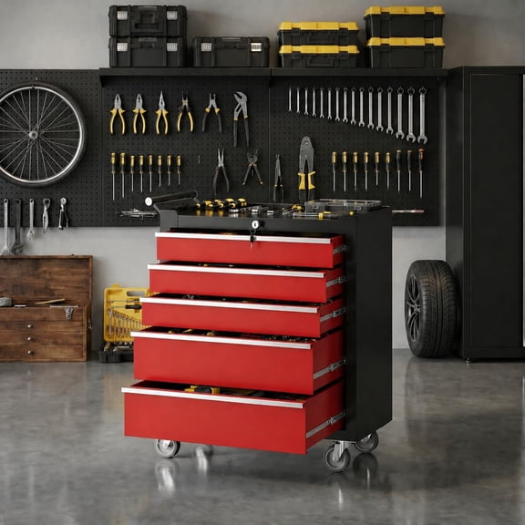 Heavy Duty 5-Drawer Rolling Tool Chest - Steel Storage Cabinet - Ball-Bearing Slides, Protective Liners, Lockable Wheels - Portable Toolbox for Garage, Workshop, Warehouse, Red and Black