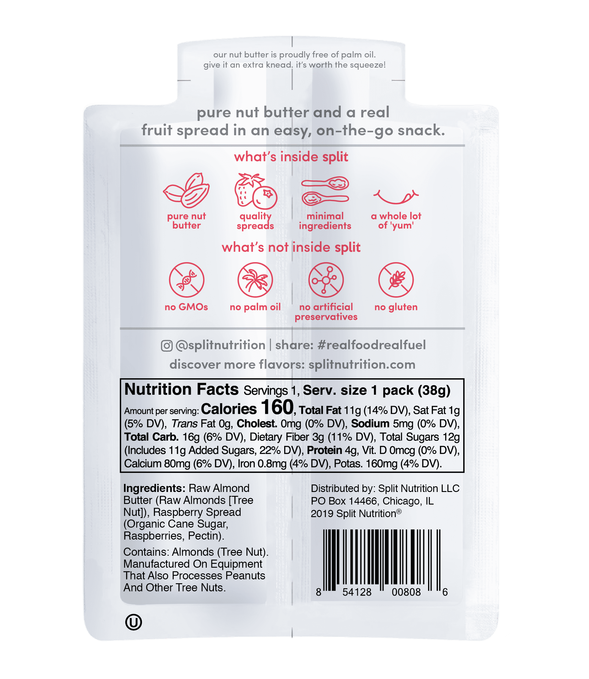 Split Nutrition Almond Butter and Raspberry Squeeze Pouch, Healthy Snacks, Kids Snack, School Snack, 1.34 oz, 10 pack
