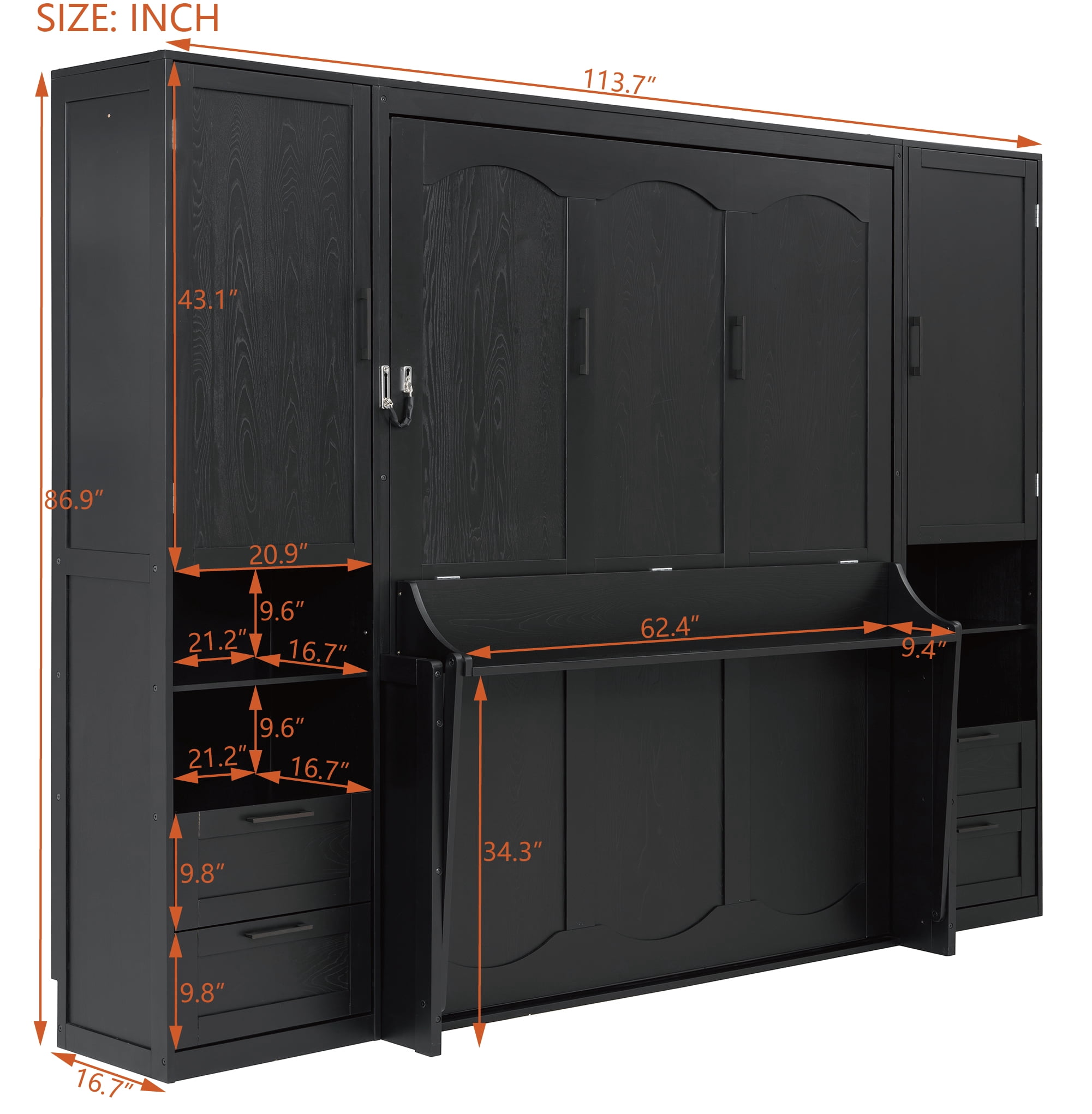 Queen Size Murphy Bed with 2 Closet, 4 Drawers and Open Shelves for Small Space, Guest Room